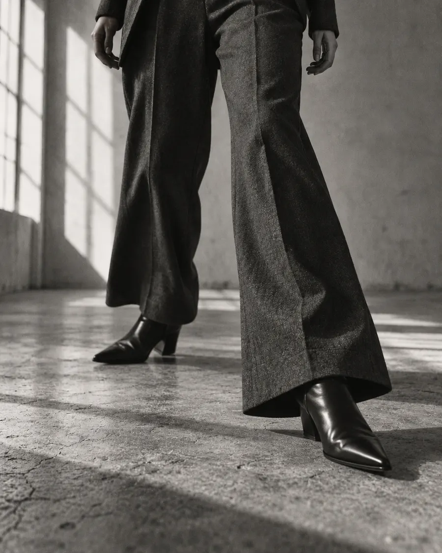 A woman in a dark suit and pointed boots walking across a sunlit concrete floor