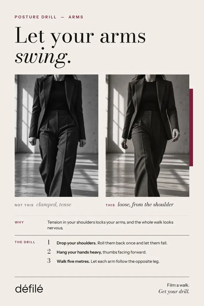 Let your arms swing: stiff, clamped arms versus loose arms swinging from the shoulder, with a 3-step drill