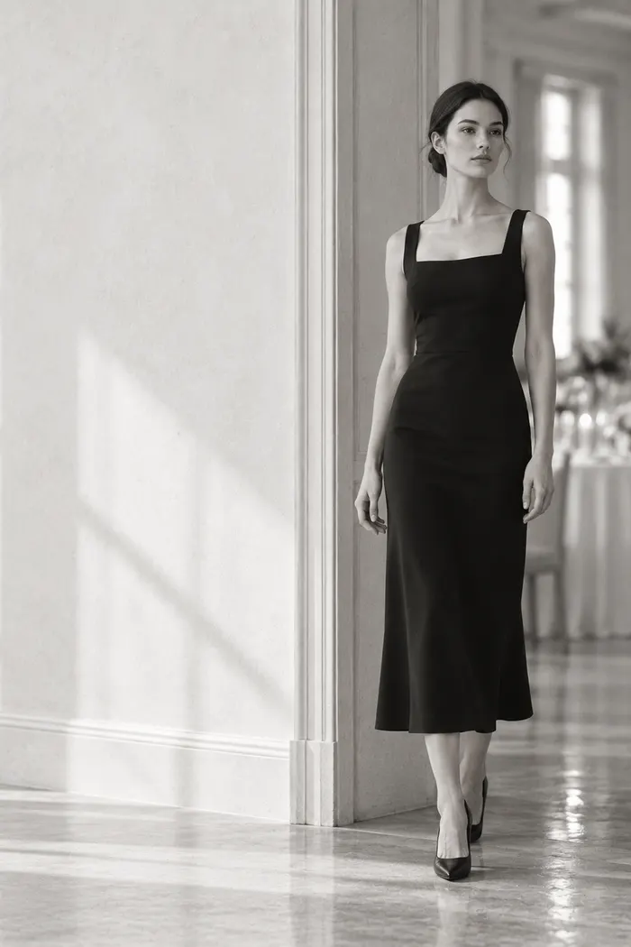 A woman in a black dress standing relaxed and open in a doorway