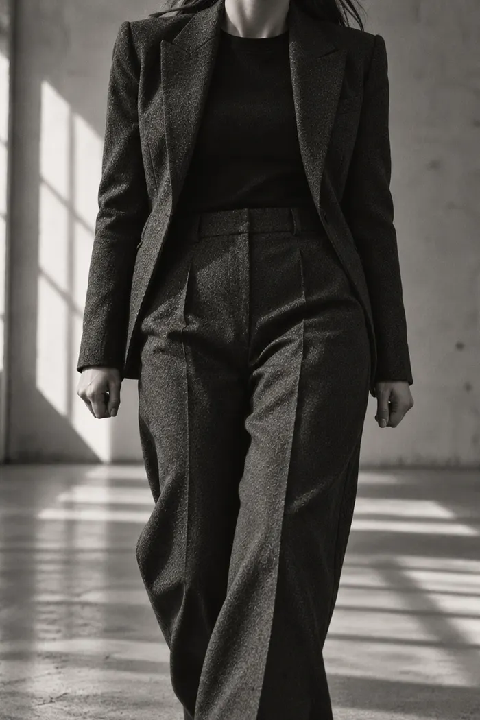 A woman in a tailored suit walking into a bright room