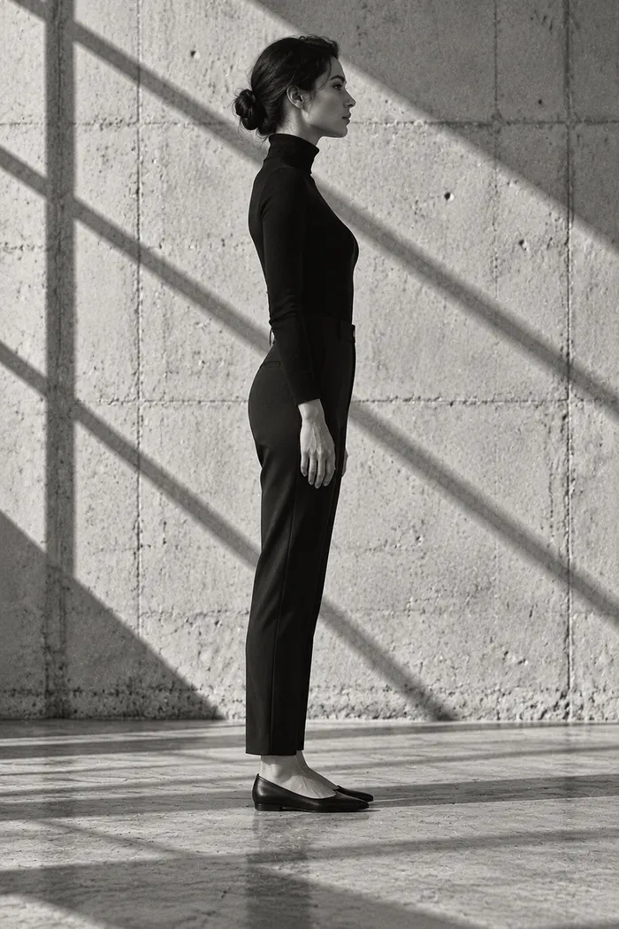 Side view of a woman standing in aligned posture, ear over shoulder over hip