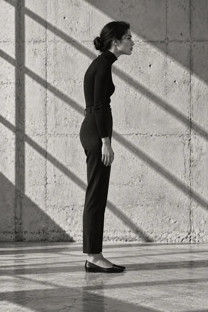 Side view of a woman standing with her head drifting forward of her shoulders