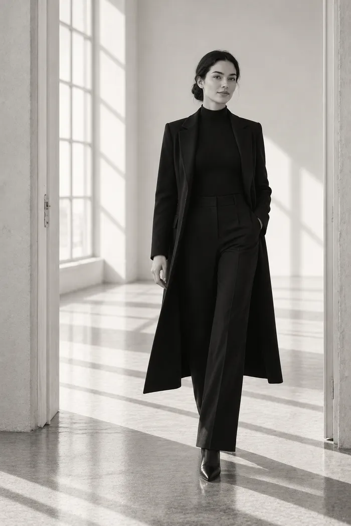 A woman in a long black coat walking confidently into a bright room