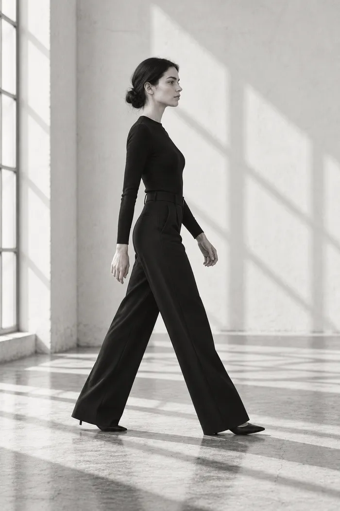 Side view of a woman walking tall across a sunlit loft, head level and shoulders relaxed