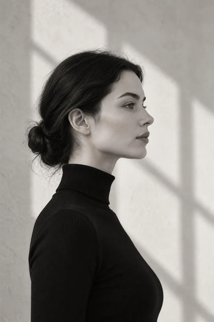 Side profile of a woman in a black turtleneck, chin level and eyes fixed on a point ahead