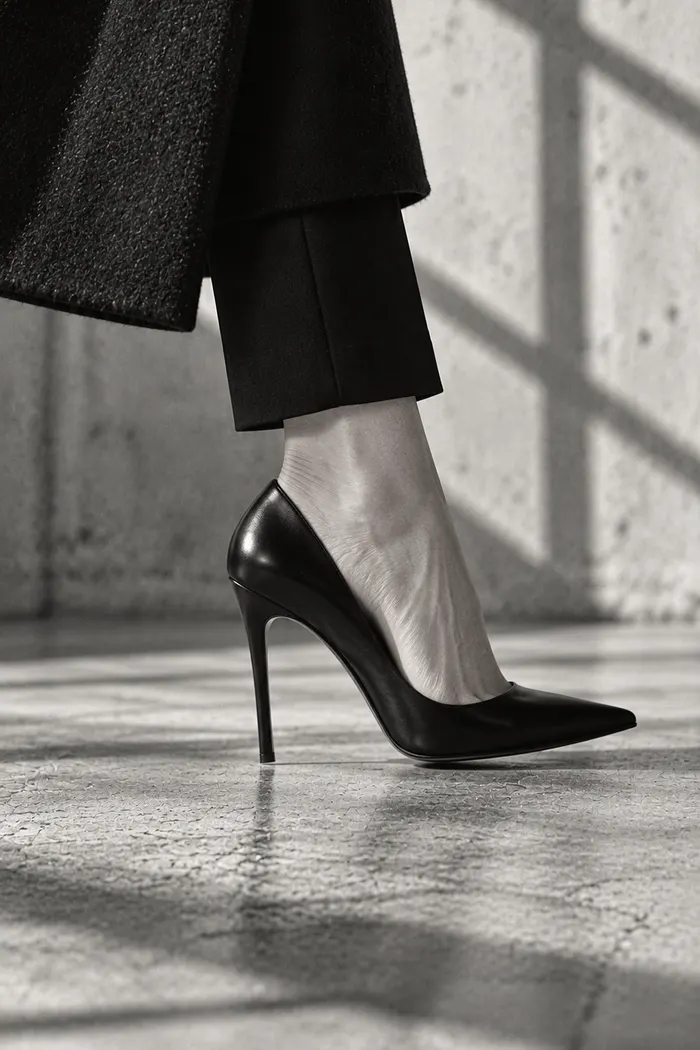 Side view of a black stiletto heel landing on a concrete floor