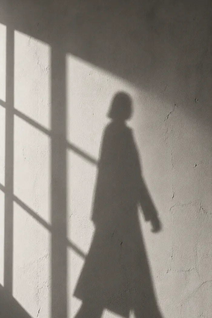The shadow of a figure in a long coat walking across a pale wall