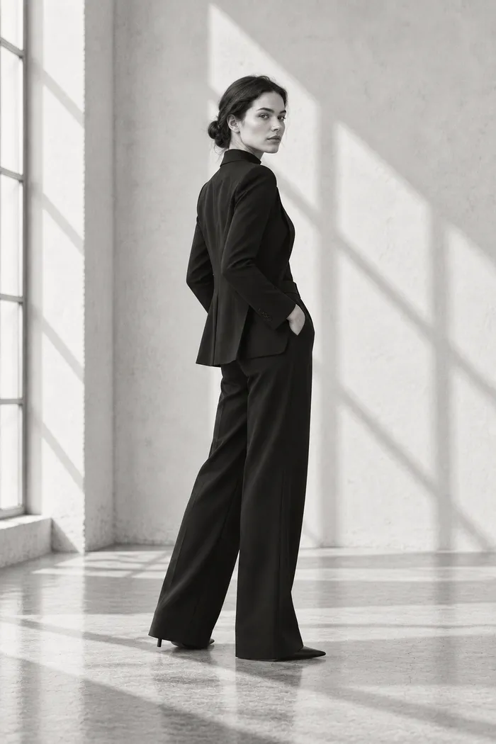A woman in a black suit in a three-quarter pose, hand in pocket, looking back at the camera