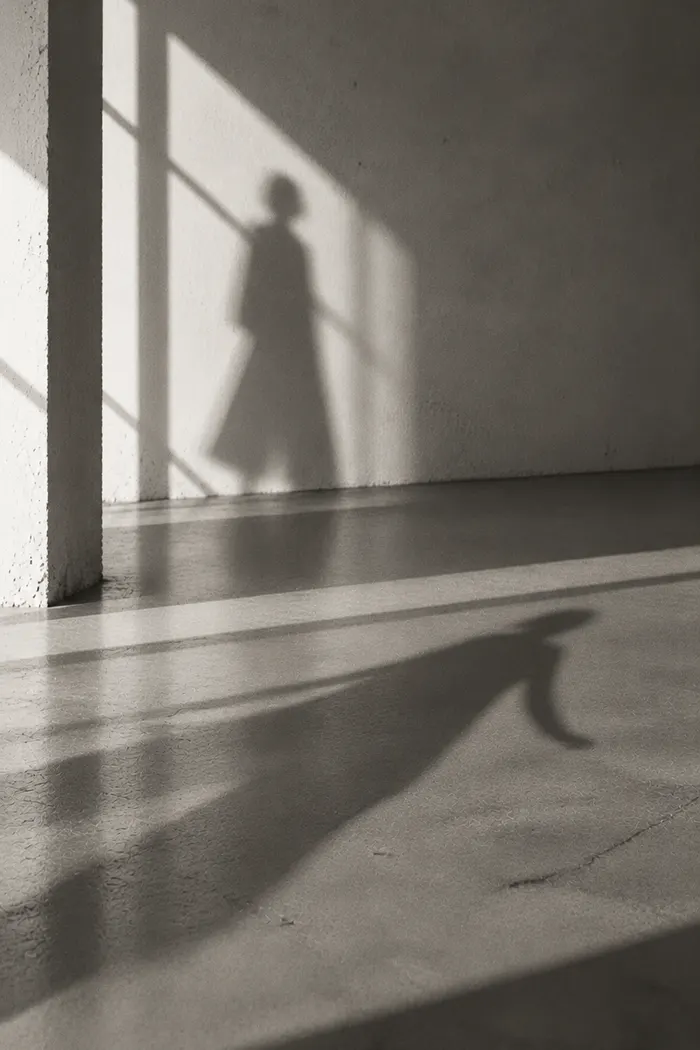 A walking figure’s shadow stretching across a sunlit floor