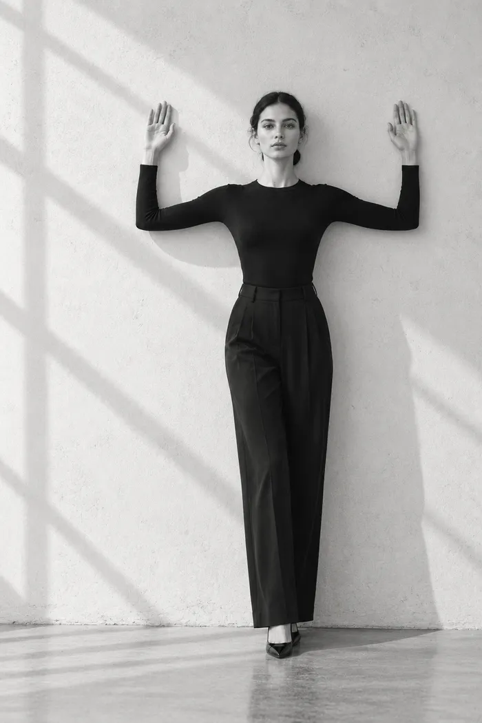 A woman standing against a pale wall with her arms raised in a wall angel stretch