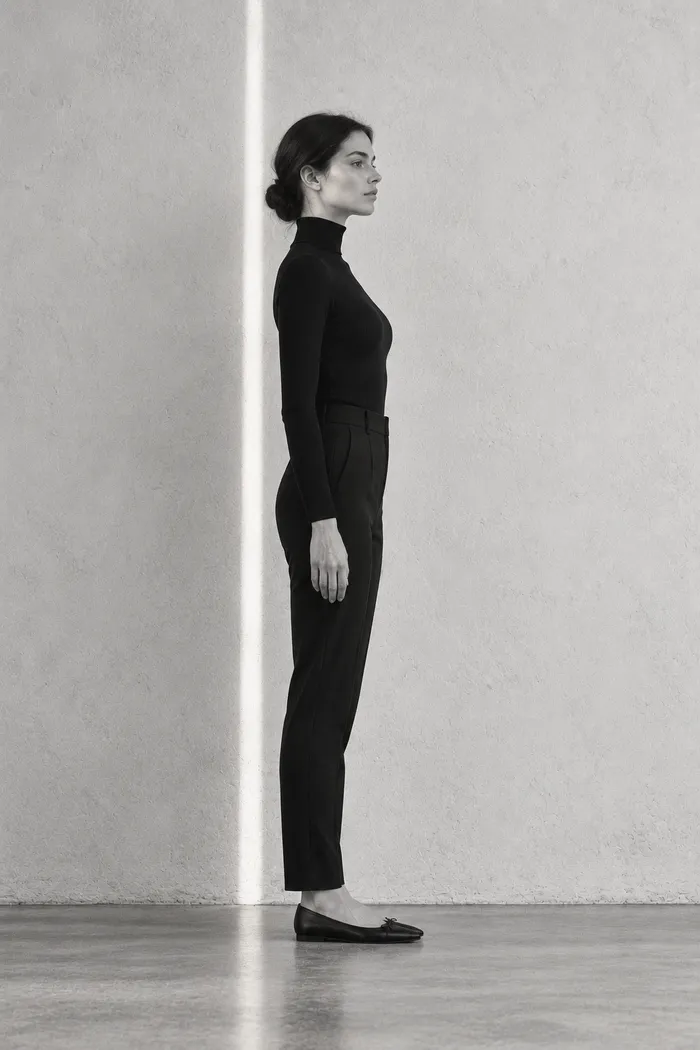 Side view of a woman standing tall beside a thin vertical line of light, like a plumb line