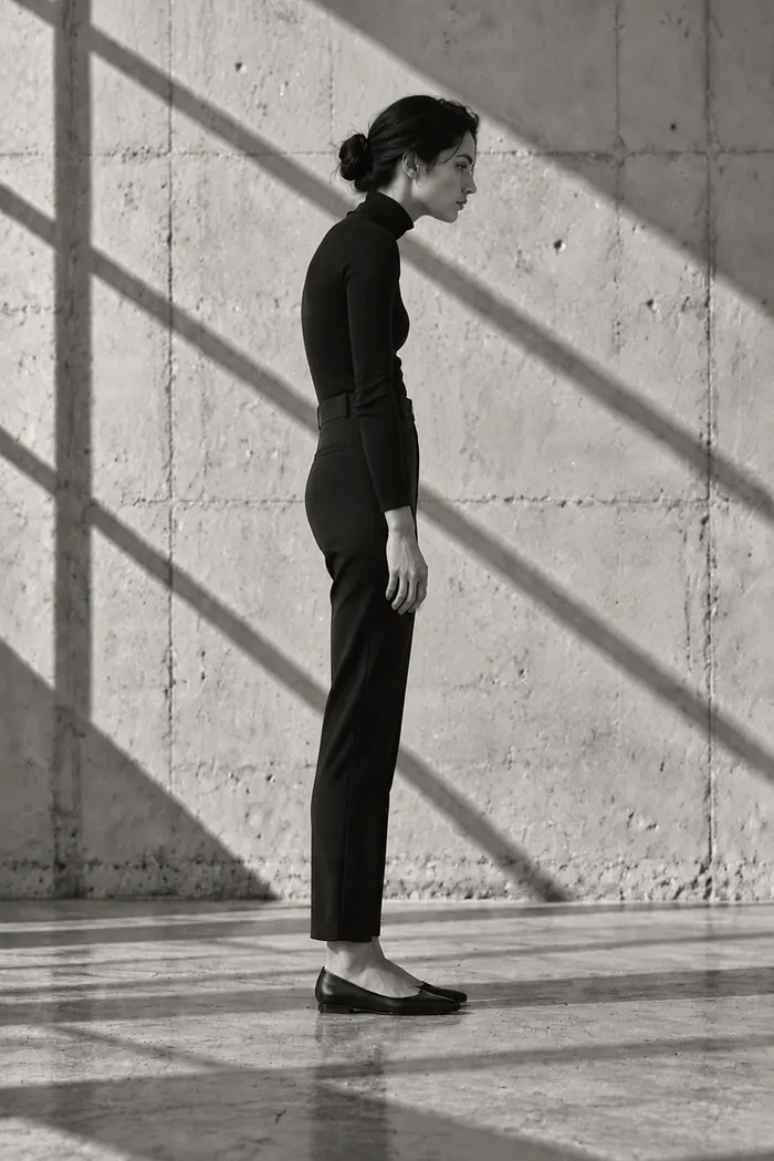 Side view of a woman standing with rounded shoulders and a slouched upper back