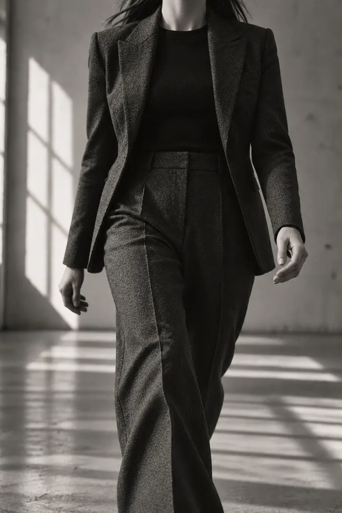 A woman in a tailored suit walking towards the camera with purpose