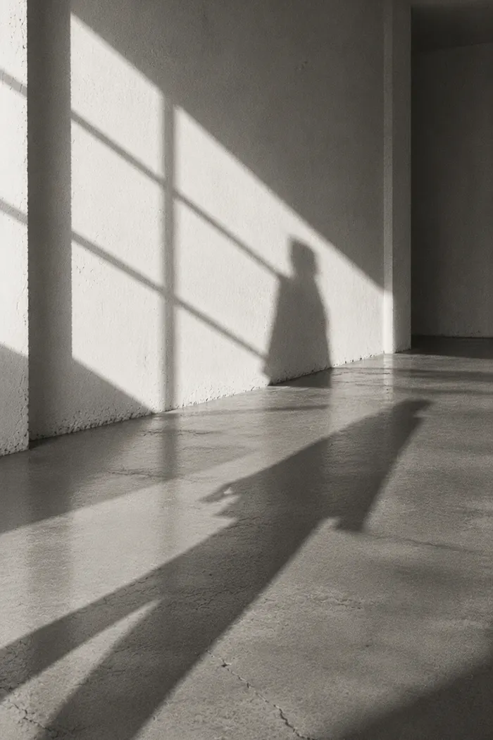 The shadow of a figure turning at the end of a bright corridor