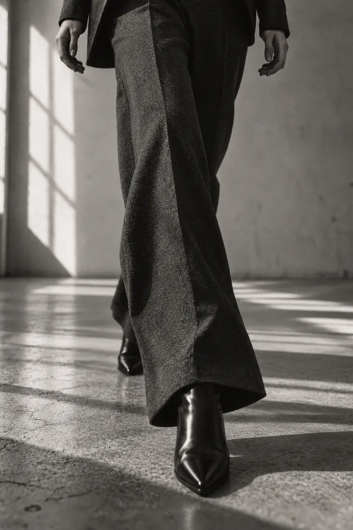 Feet in pointed boots landing close to one line on a sunlit floor