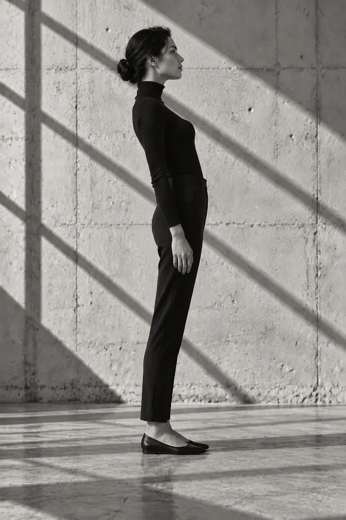 Side view of a woman in swayback posture, hips forward and upper body leaning back