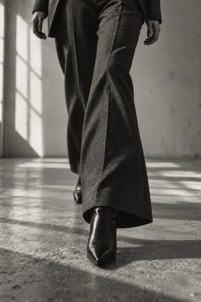 Pointed black boots stepping carefully across cracked concrete