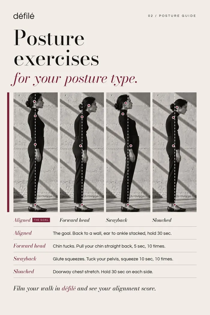 Posture chart of four side views: aligned, forward head, swayback and slouched, with one fix for each