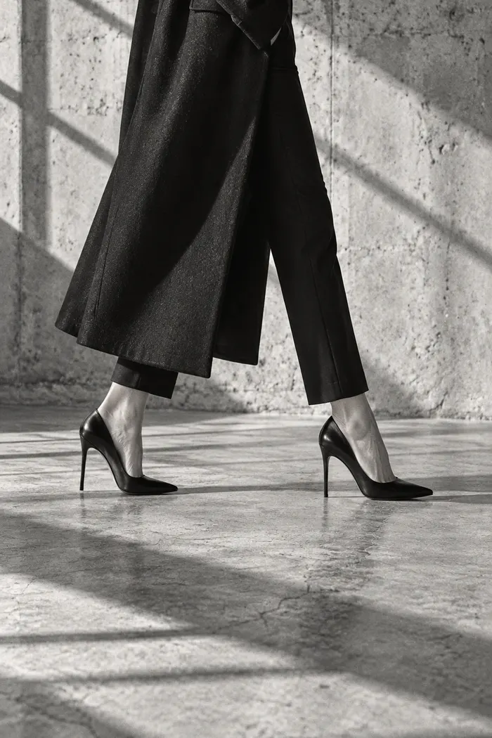 A model in a long black coat and stilettos walking across a sunlit concrete floor